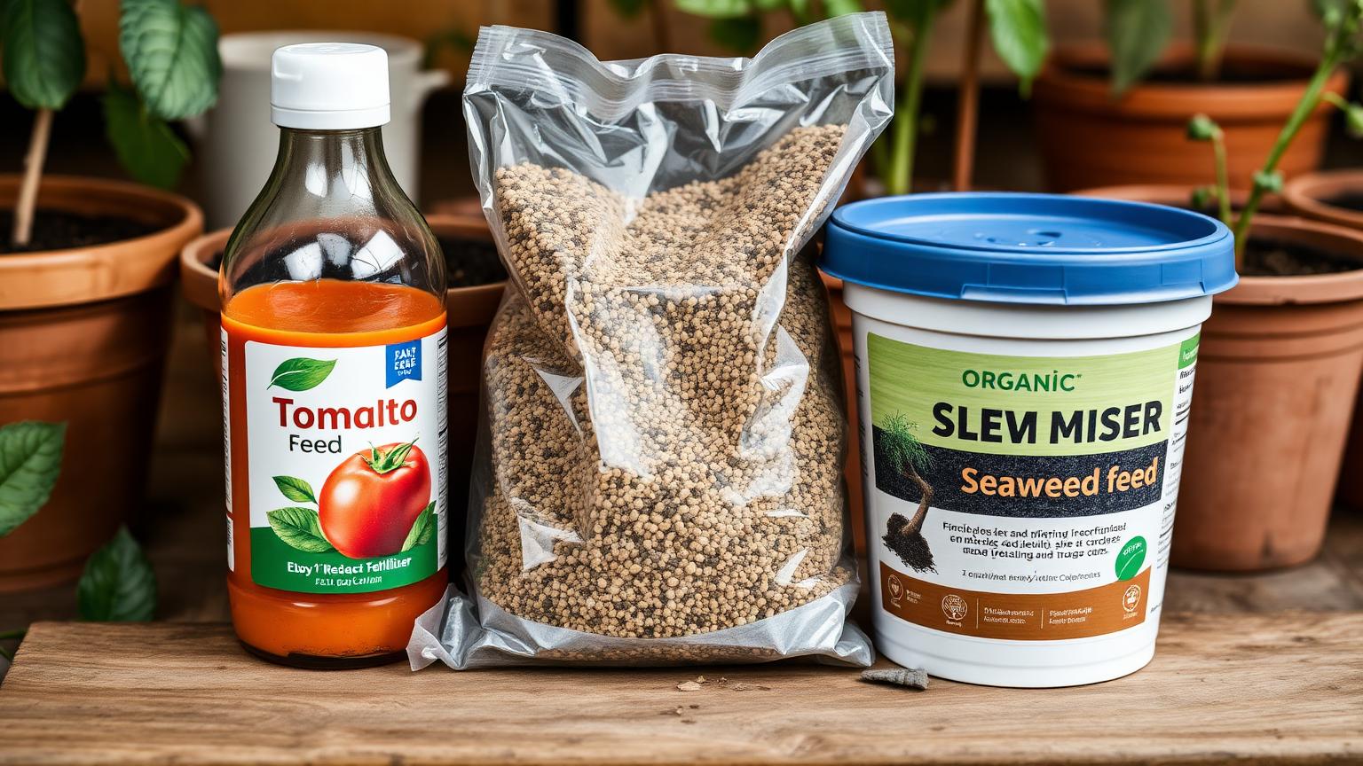 A bottle of liquid tomato feed, a bag of granular slow-release fertiliser and a tub of organic seaweed feed arranged together on a wooden potting bench in natural daylight