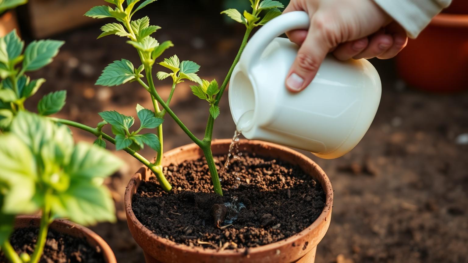 A gardener's hand pouring diluted liquid feed from a watering can onto the compost around the base of a healthy potted plant in warm natural daylight