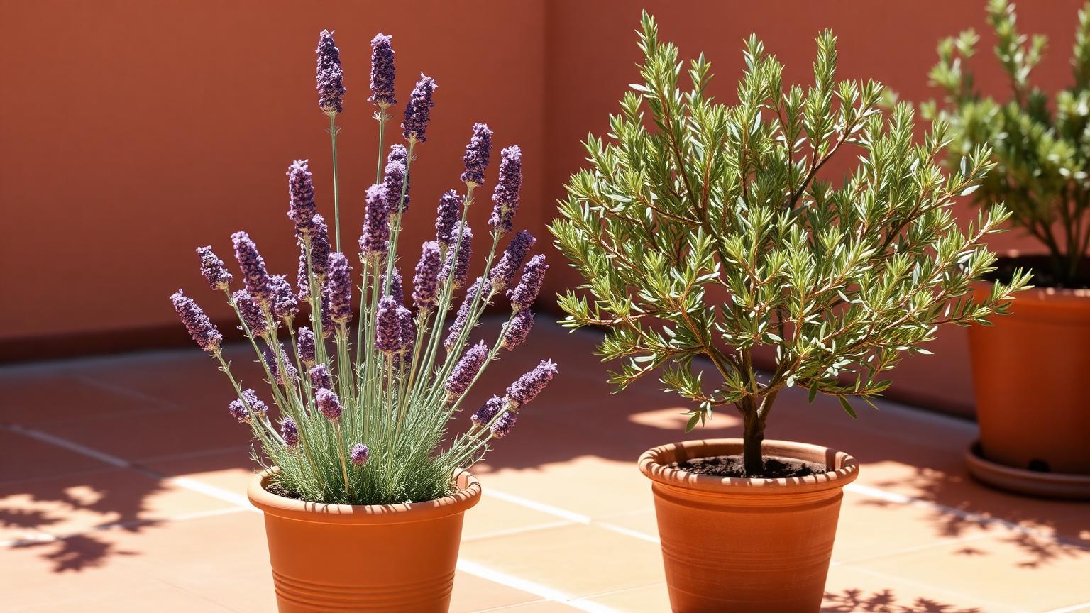 A compact lavender plant and a small potted olive tree on a sunny terracotta-toned patio, both looking lean and healthy rather than lush