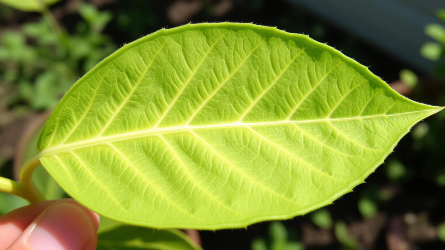 Close-up of a plant leaf showing pale yellowing between the veins while the veins themselves remain green, classic interveinal chlorosis