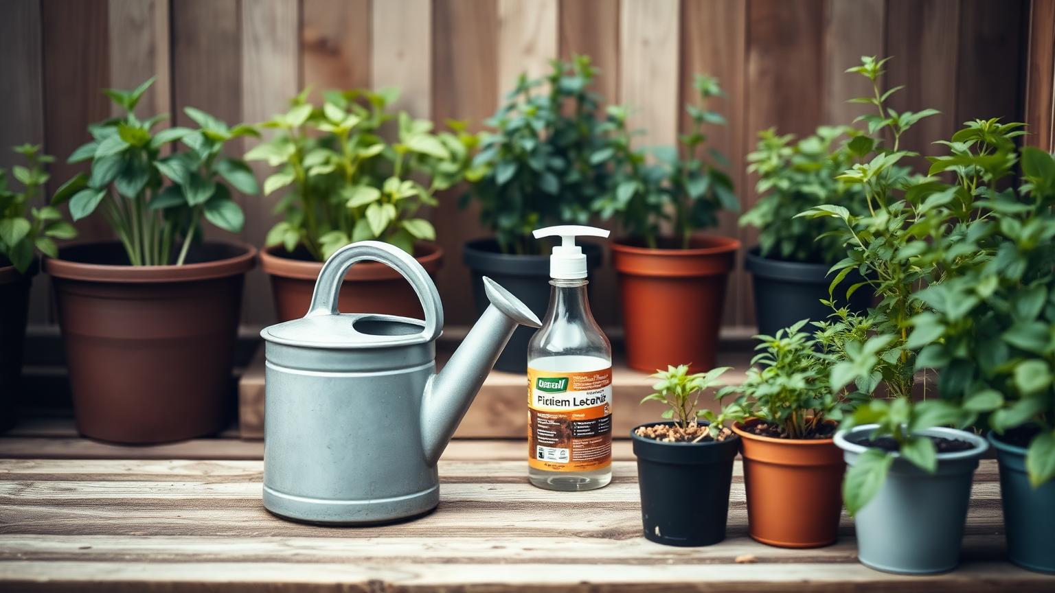 A watering can and a bottle of liquid plant feed on a wooden potting bench beside a row of healthy container plants in warm natural daylight