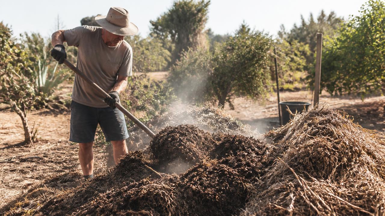 A gardener turning a compost heap with a fork in a dry garden, steam rising from the moist interior