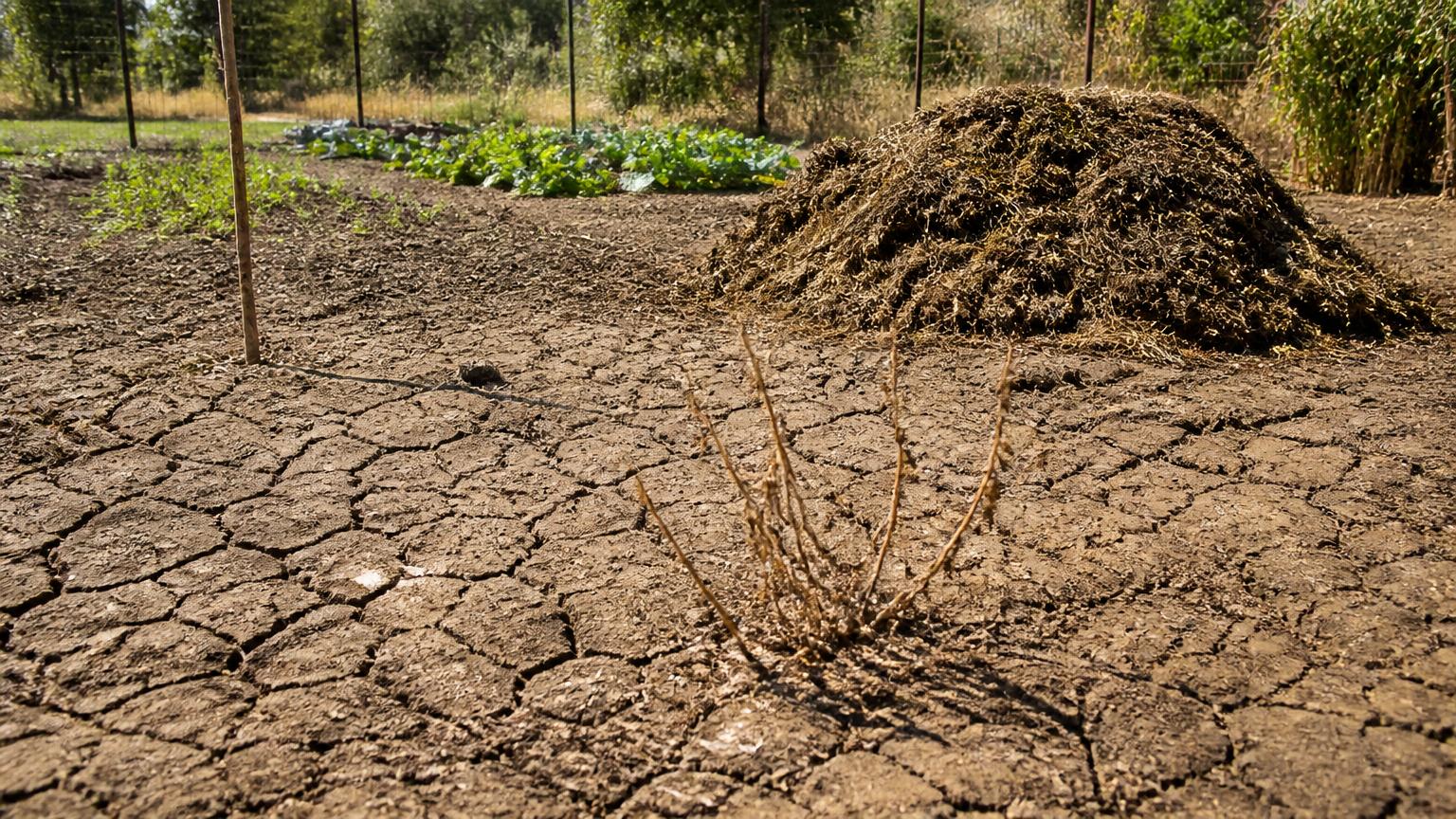 A dry, sun-baked garden bed with parched cracked soil and a compost heap behind it in harsh midday drought light