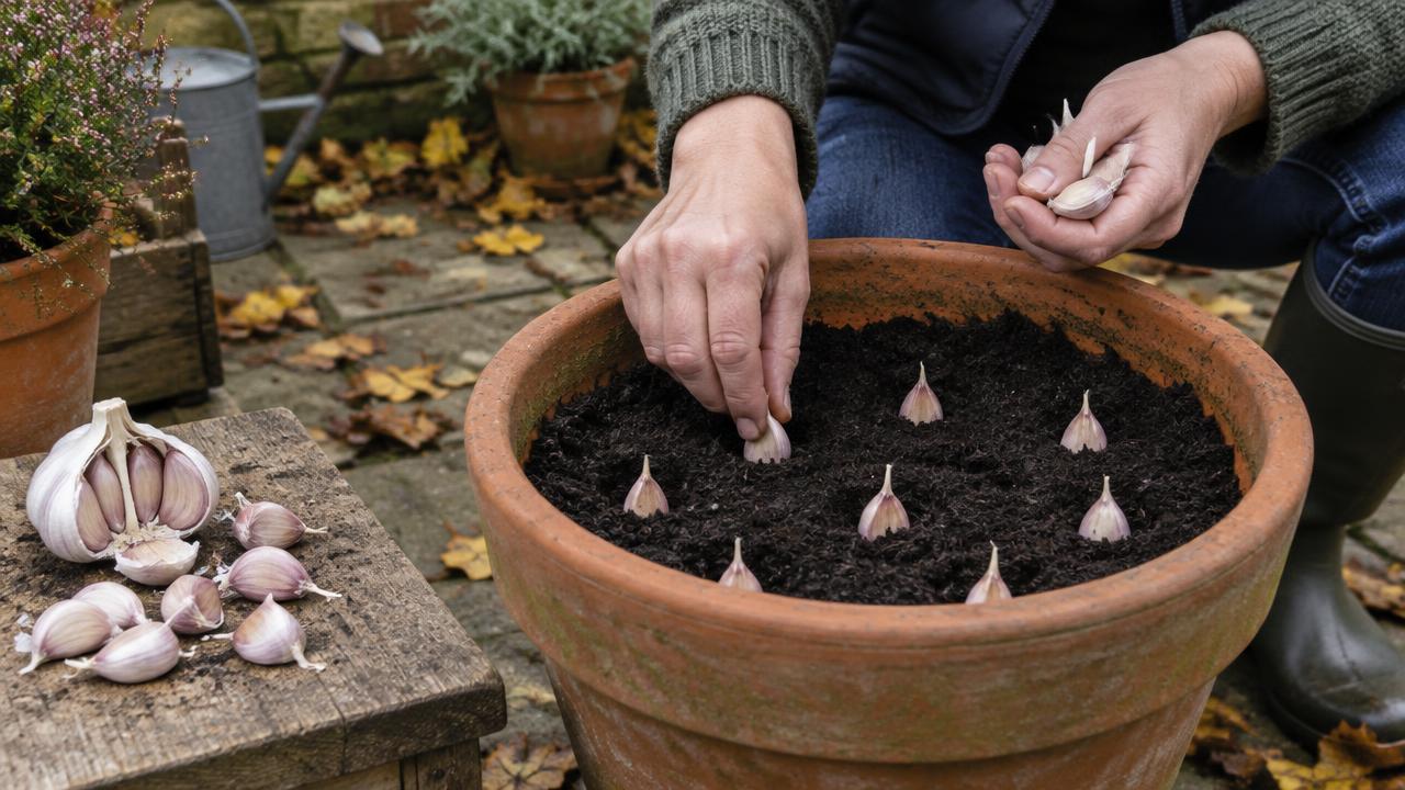 Garlic cloves being planted pointed end up into a deep pot of compost on a small British patio in autumn
