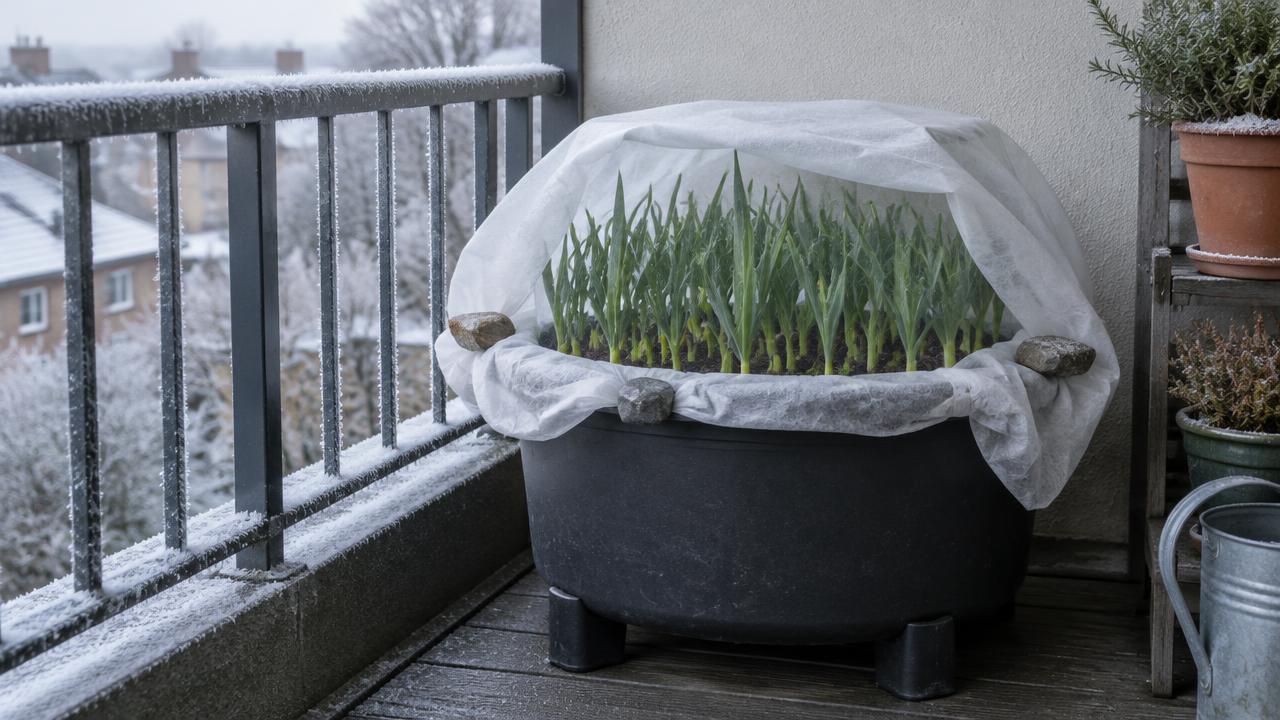A deep pot of young garlic shoots under fleece on a frosty balcony