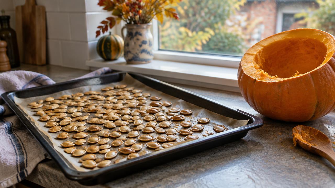 A baking tray of plain roasted pumpkin seeds cooling on a kitchen worktop