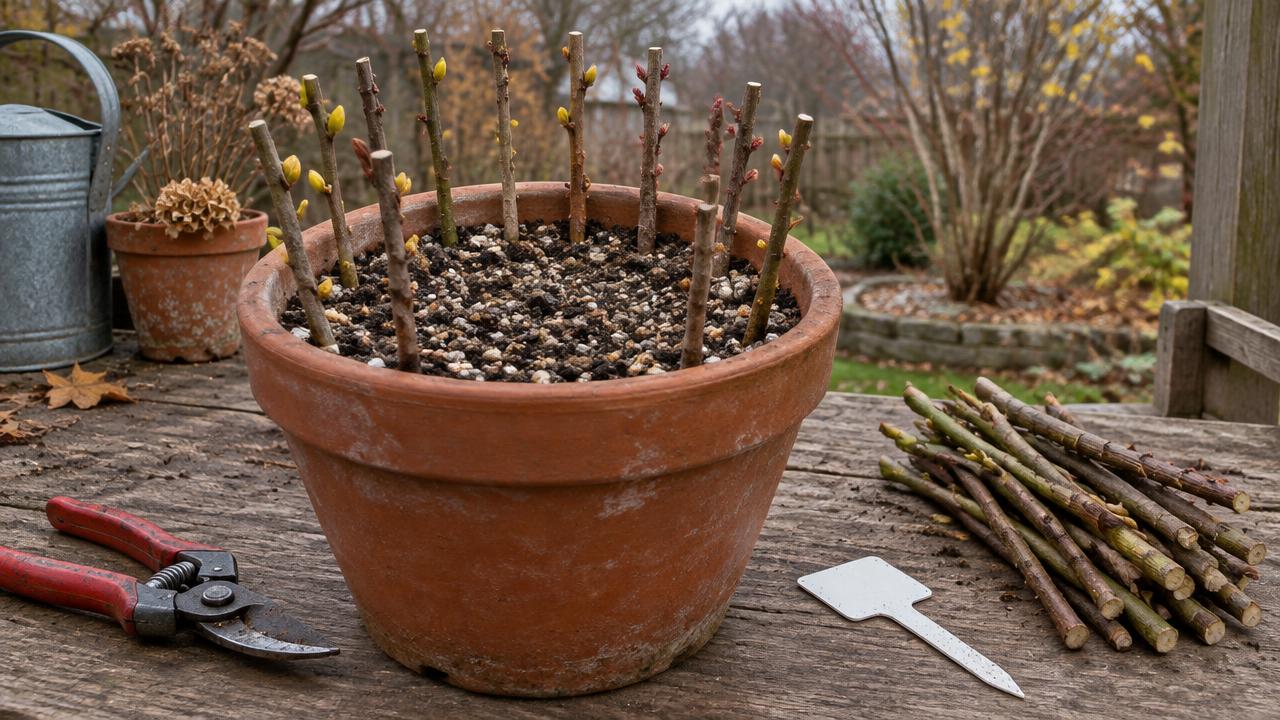 Hardwood cuttings of forsythia and flowering currant pushed into a deep pot of gritty compost on a potting bench in late autumn