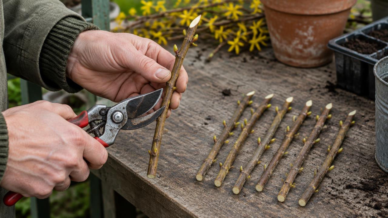 Hands trimming a forsythia stem into hardwood cuttings with secateurs