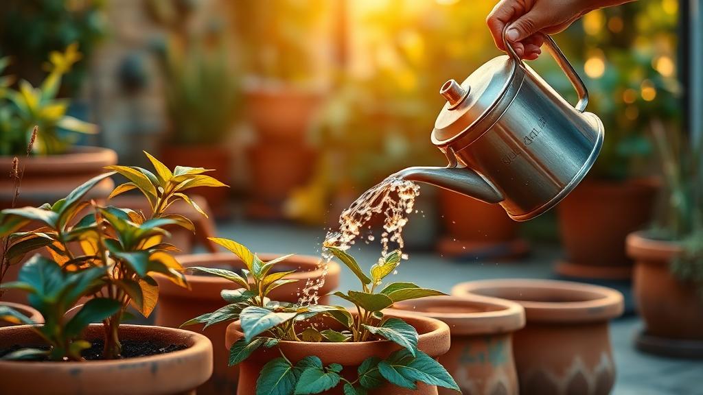 Watering containers in early morning light during hot weather