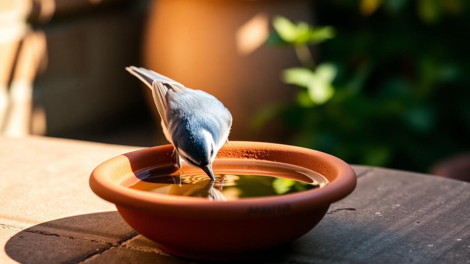 A small garden bird drinking from a shallow terracotta saucer of water on a sunny patio in warm afternoon light