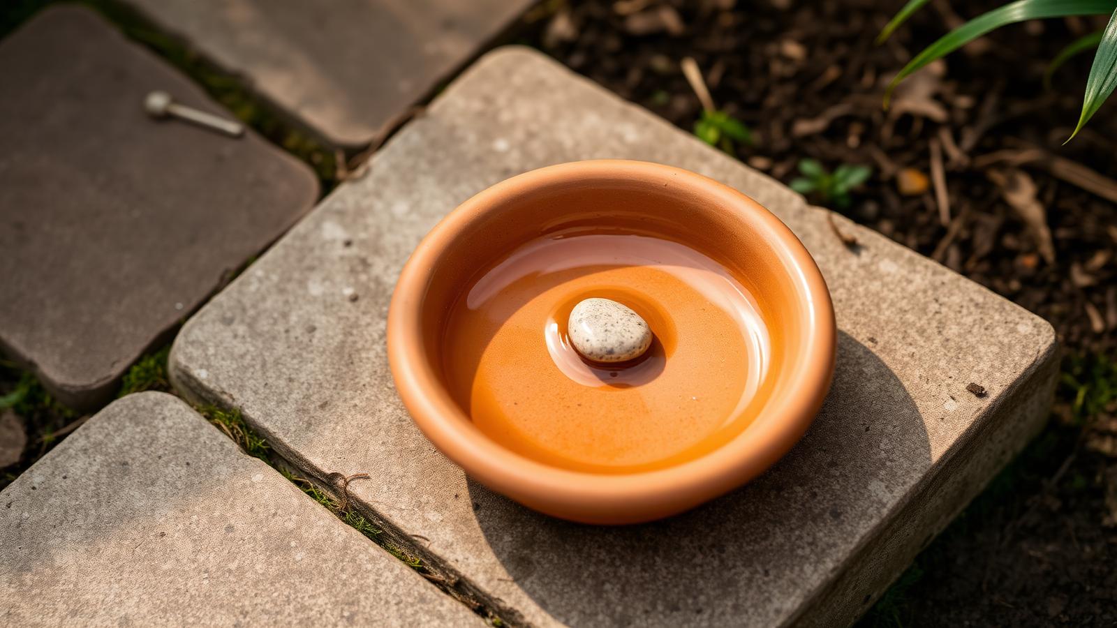 A shallow terracotta plant saucer used as an improvised bird bath, with a small pebble in the centre