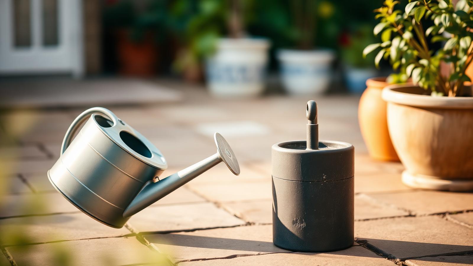 A watering can beside a compact patio water butt in warm afternoon light