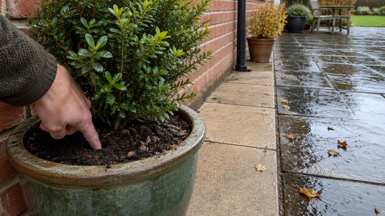A finger testing the compost of a potted evergreen in the dry rain shadow beside a wet October patio
