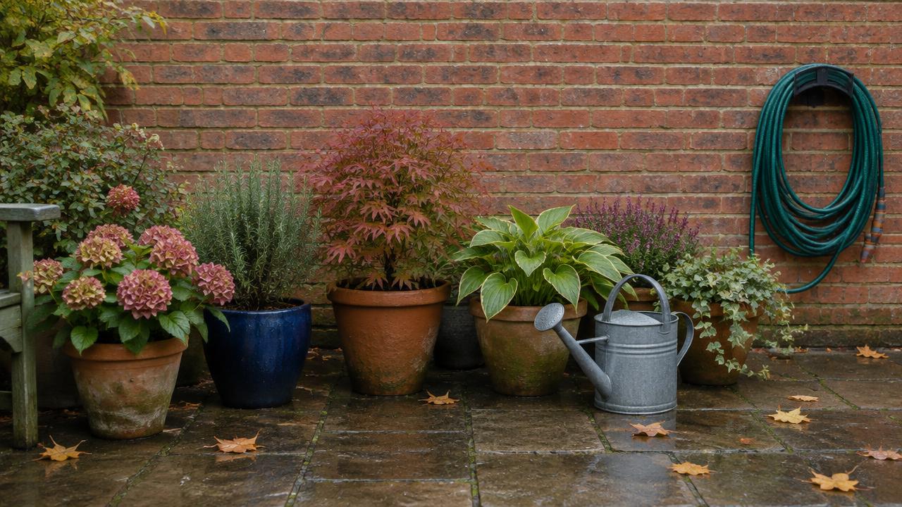 A watering can beside container plants on a damp autumn patio with a coiled hosepipe hung on the wall