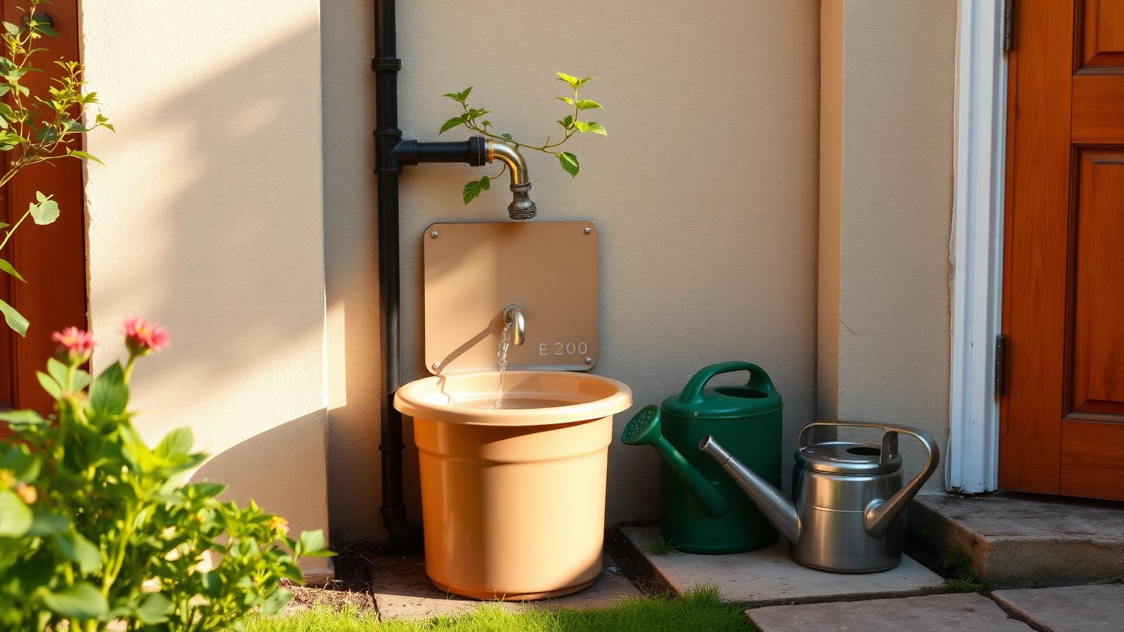 A compact patio water butt installed against a wall on a small courtyard, connected to a downpipe, with a watering can beside it