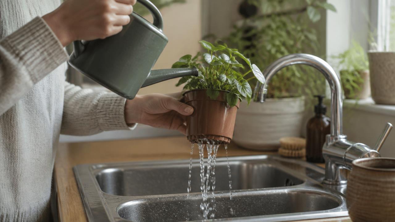 A houseplant being thoroughly watered in its nursery pot over a sink, with water draining freely before it returns to its decorative outer pot