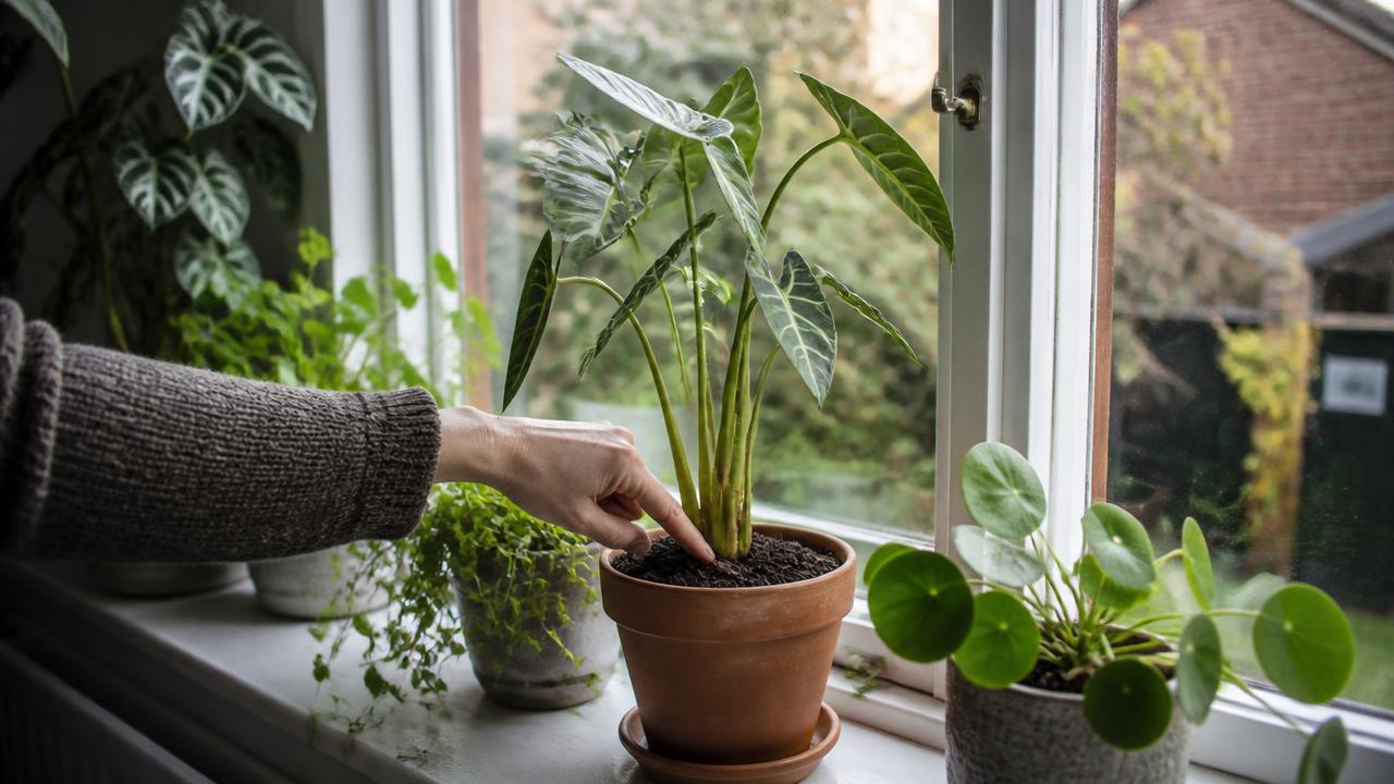 A hand checking the compost of a houseplant on a British windowsill in soft early-autumn daylight