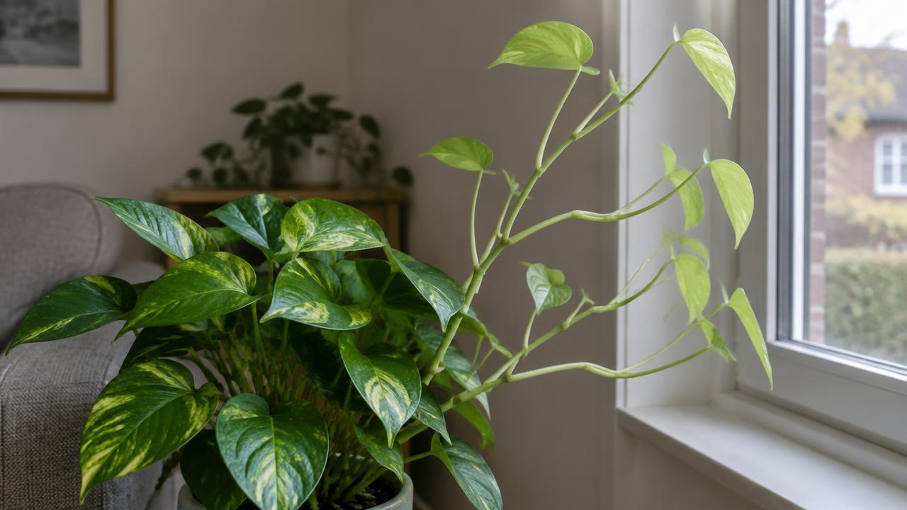 A pothos showing compact healthy foliage alongside stretched, pale growth leaning towards an autumn window