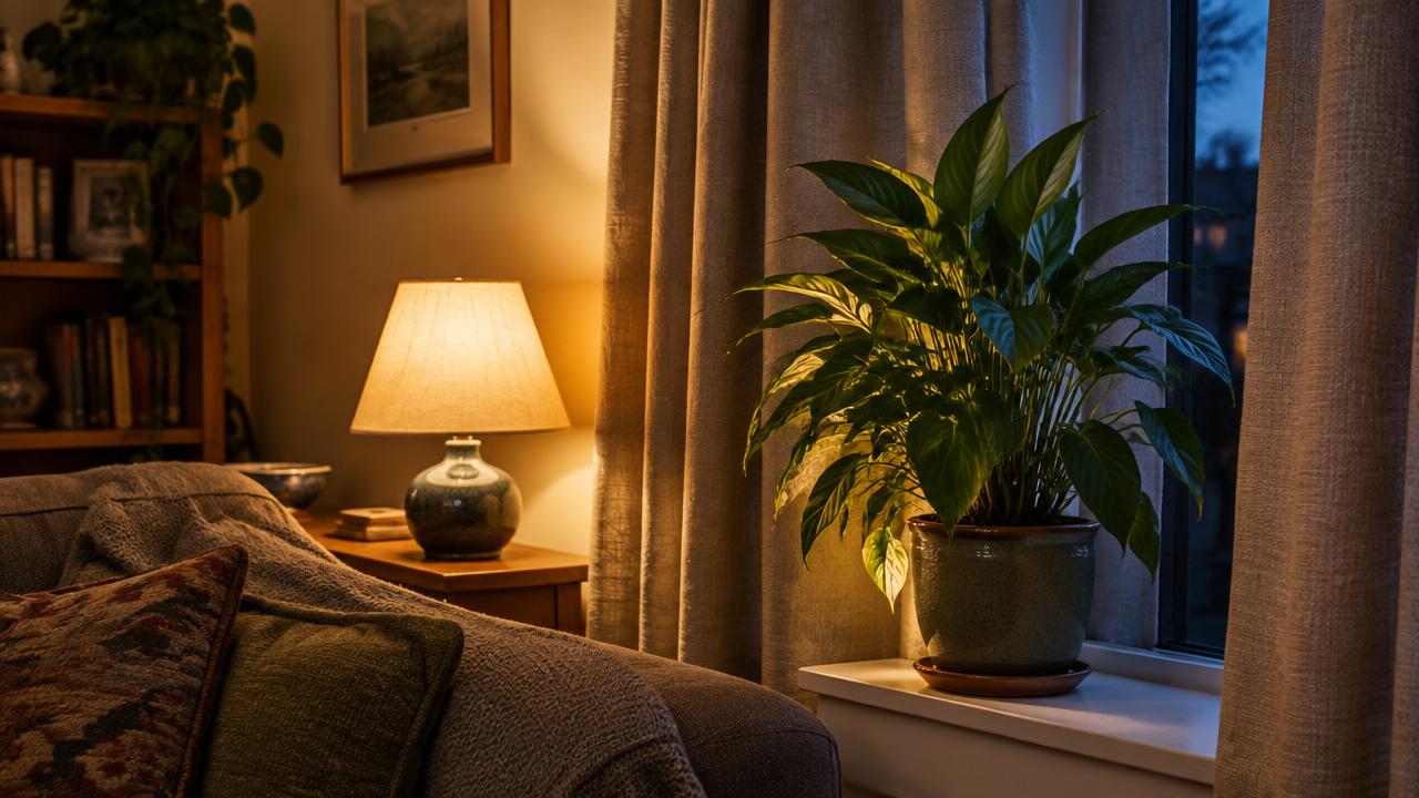 A houseplant kept on the room side of drawn curtains beside a lamp at dusk