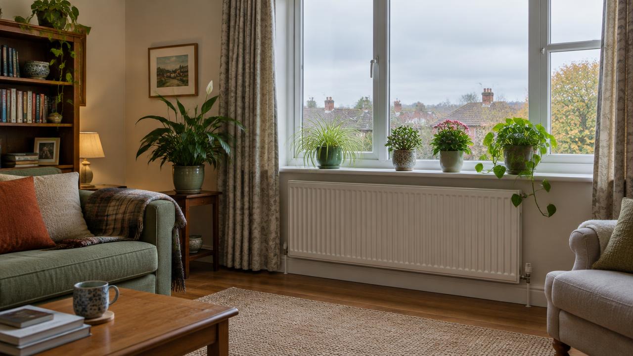 Houseplants on a windowsill above a radiator in a British living room in autumn