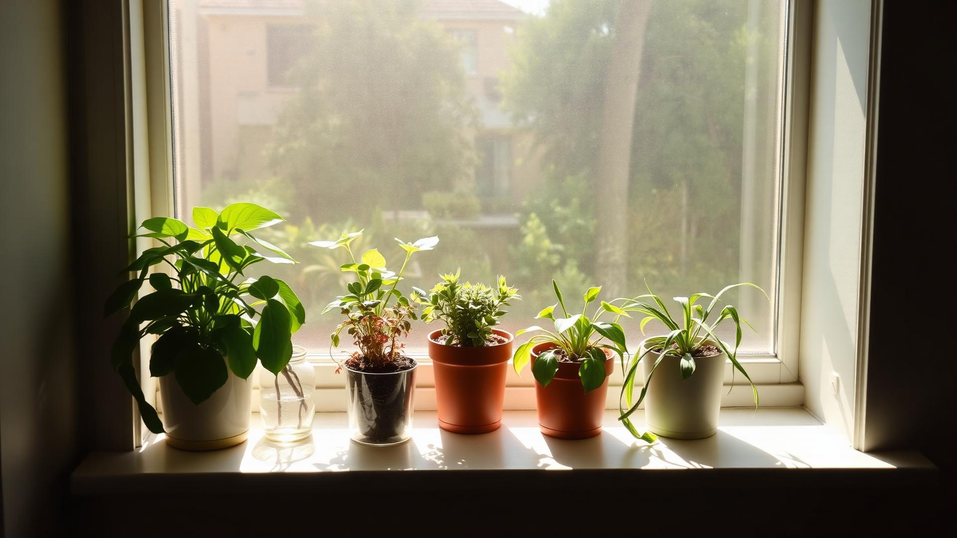 Houseplants on a sunlit windowsill in a warm room during a heatwave