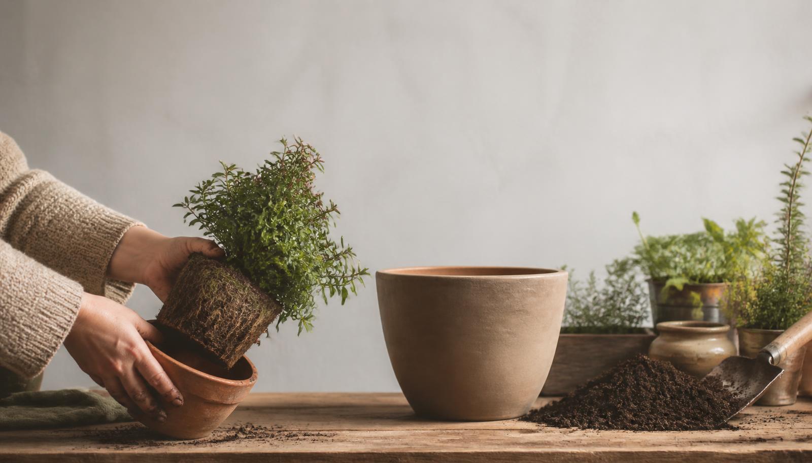 A plant being eased out of an old terracotta pot with the rootball visible, fresh compost and a larger pot waiting on a wooden potting bench in natural daylight