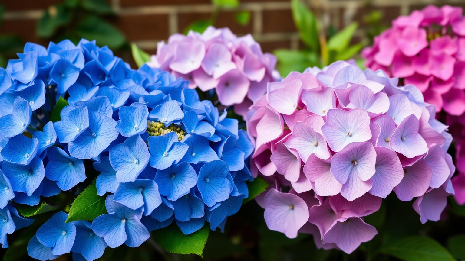 Blue, purple and pink hydrangea blooms growing side by side in a courtyard border, showing the pH transition