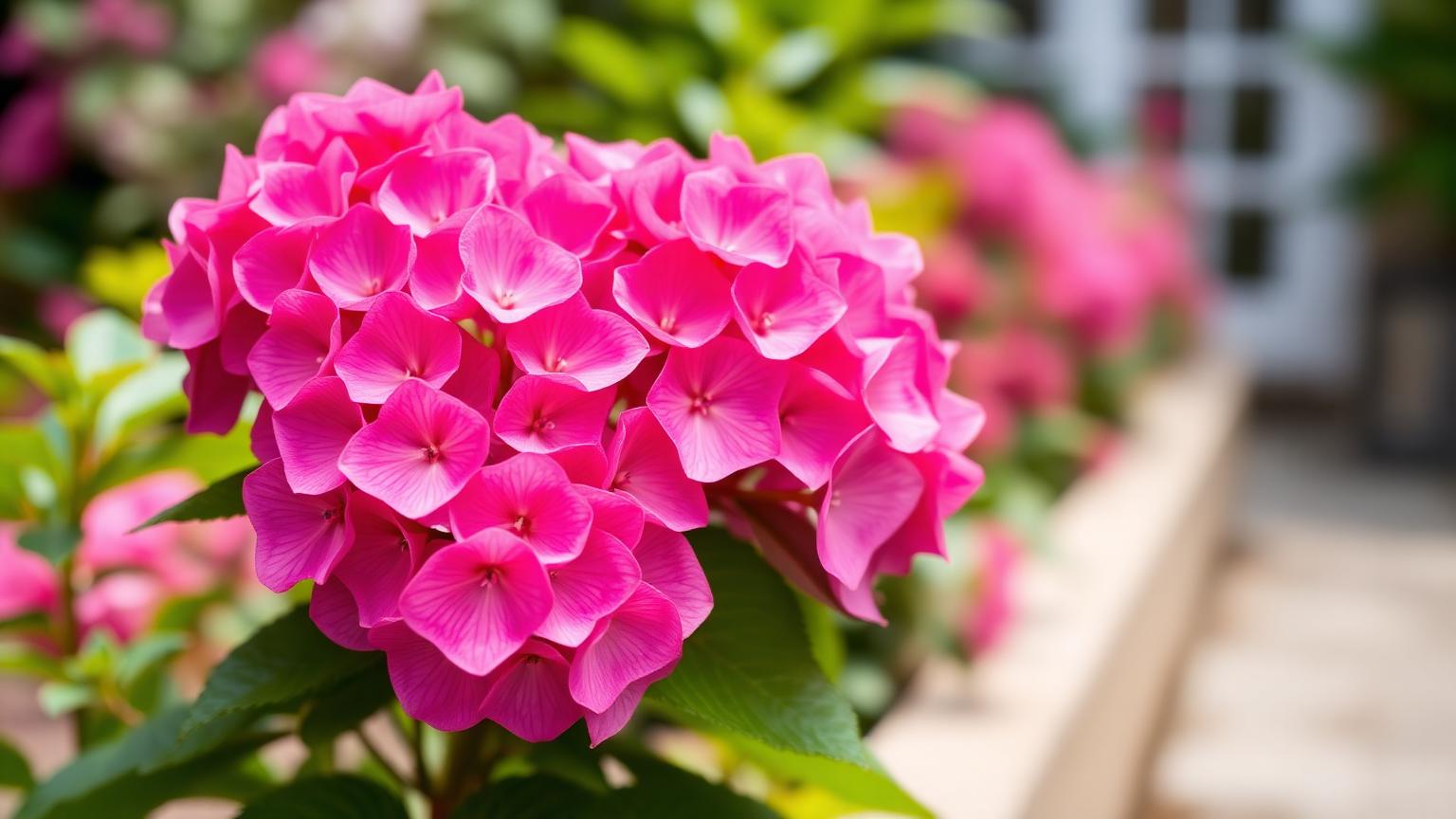 A cluster of vivid pink hydrangea blooms in a courtyard garden border