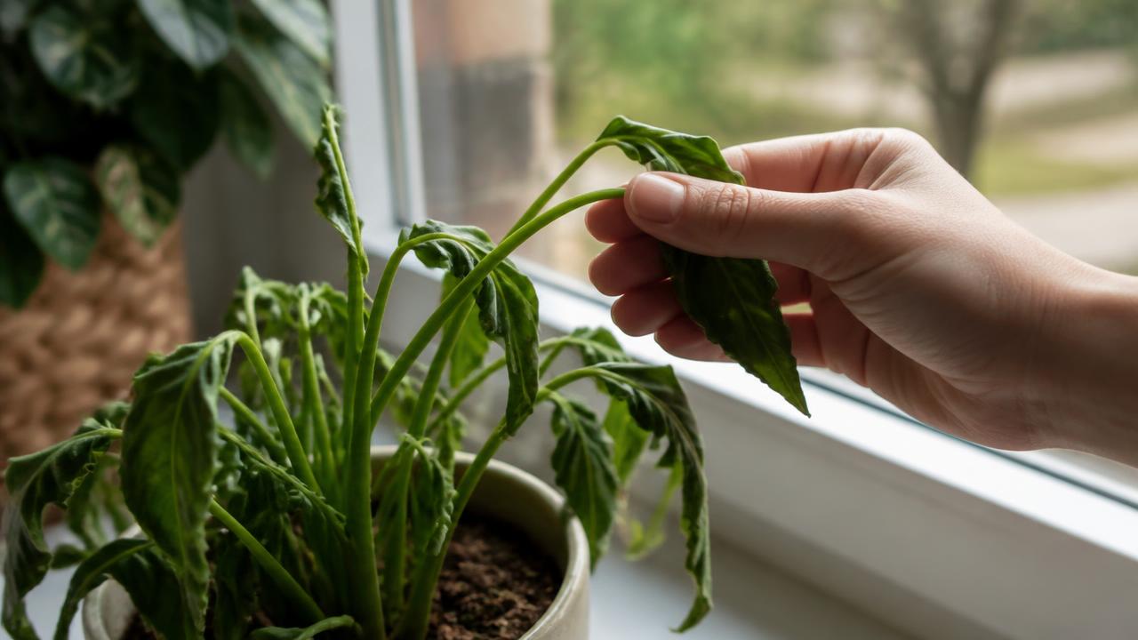 A hand gently bending a slightly limp but still green houseplant stem on a windowsill to check for pliability