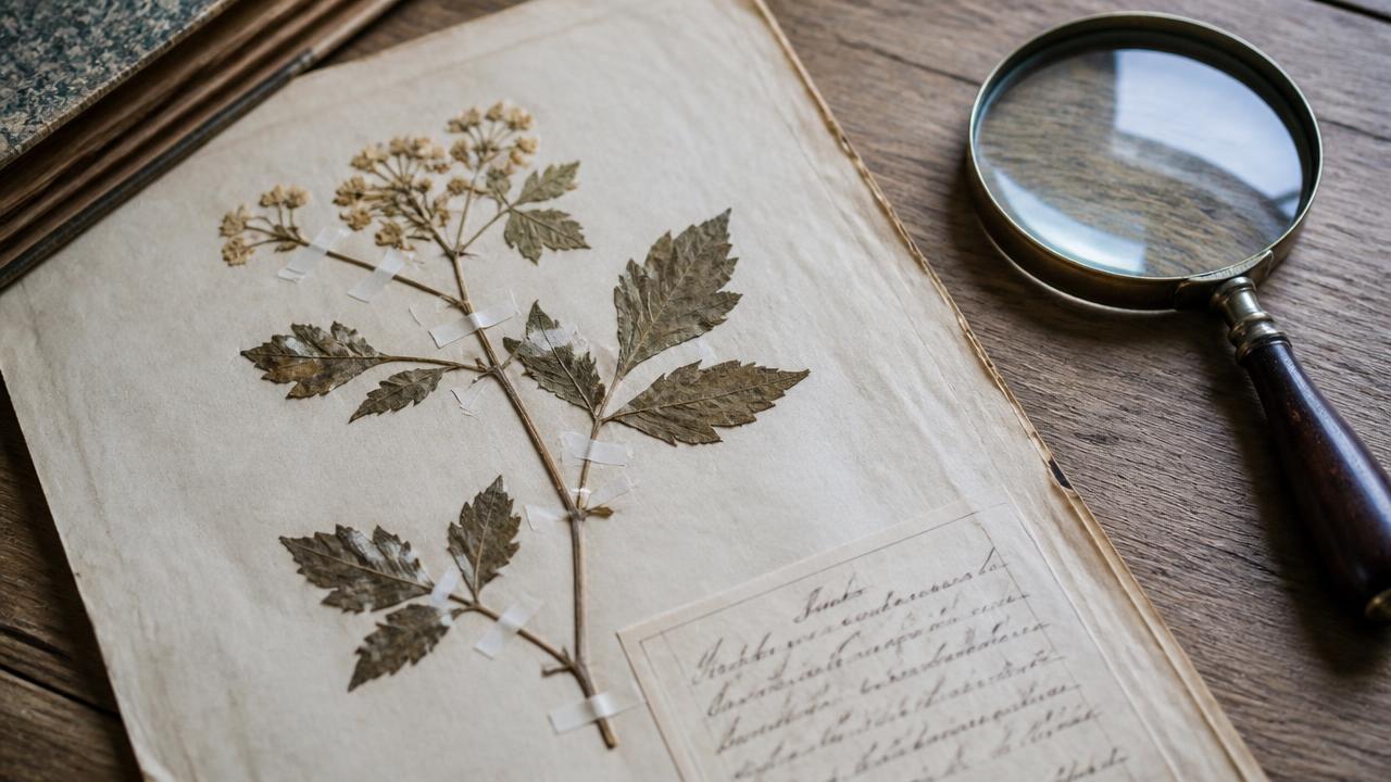 A pressed herbarium specimen of a flowering plant on aged paper with a magnifying glass and handwritten label nearby