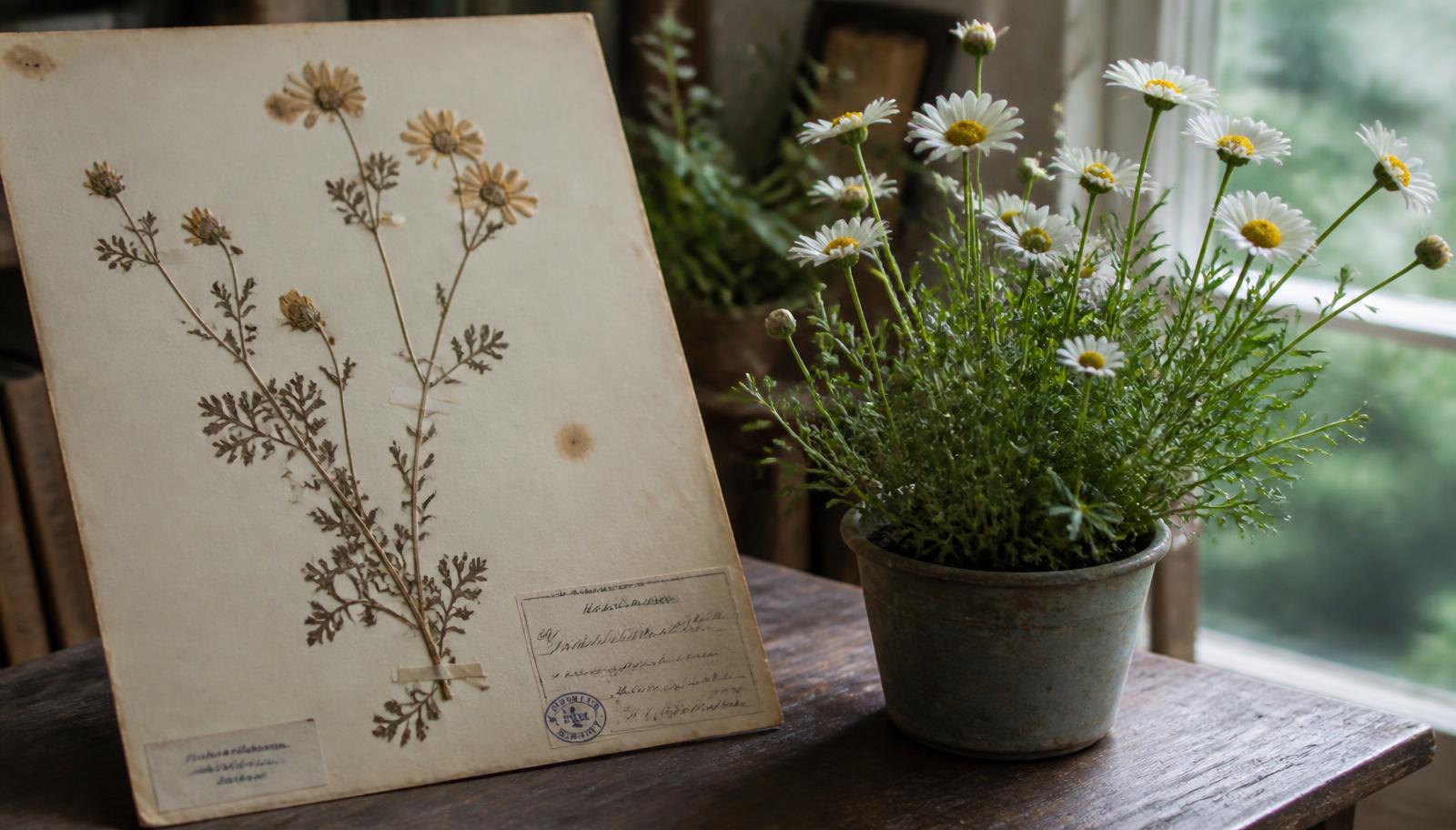 A pressed antique herbarium specimen of a flowering plant on aged paper with handwritten labels, beside a modern potted plant in bloom on a windowsill