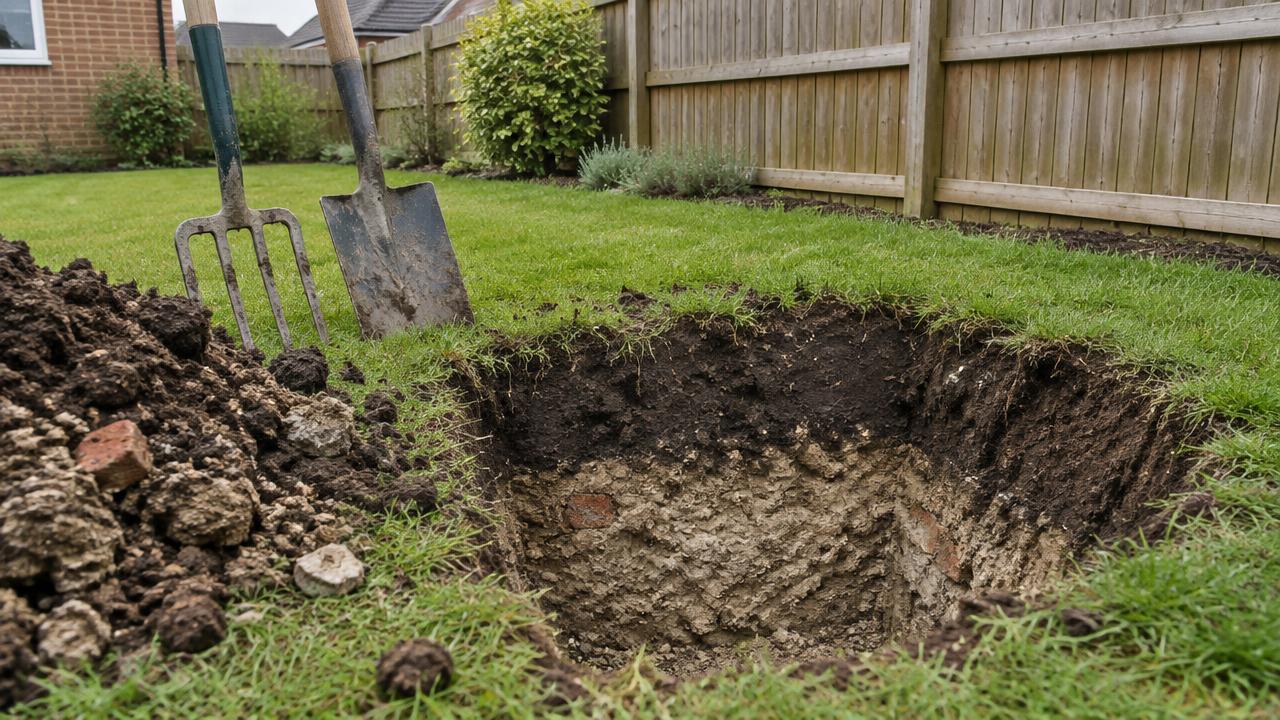 An inspection hole in a new-build lawn revealing shallow topsoil above compacted pale subsoil and small fragments of construction debris