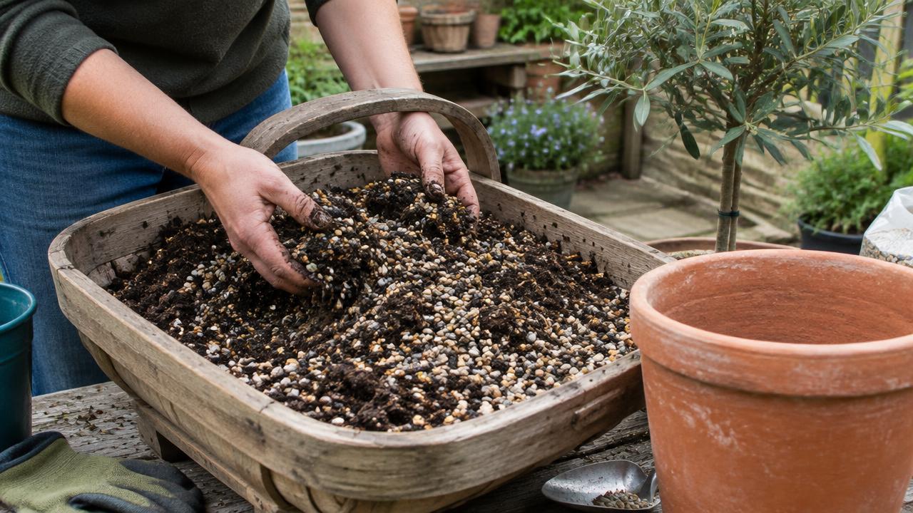 Peat-free soil-based compost mixed with horticultural grit for an olive tree