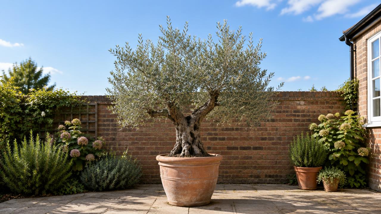 A mature olive tree growing in a large terracotta container on a sunny British patio