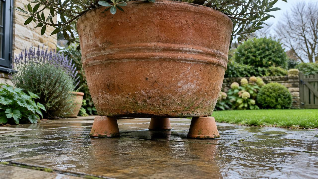 A large terracotta olive pot raised on pot feet above a damp stone patio