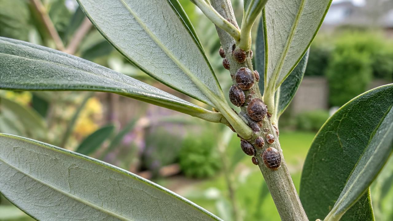 Brown scale insects clustered on the stem of an olive tree