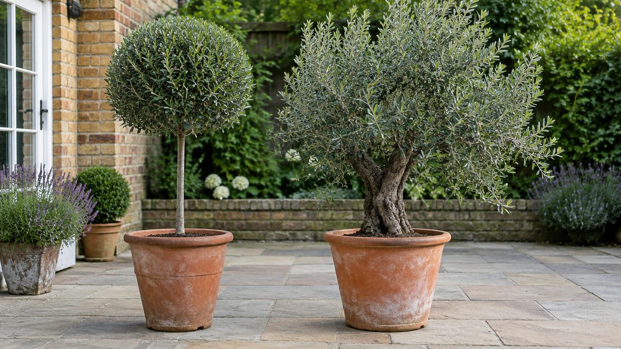 A clipped thin-stemmed olive beside a freely grown olive with a thicker trunk