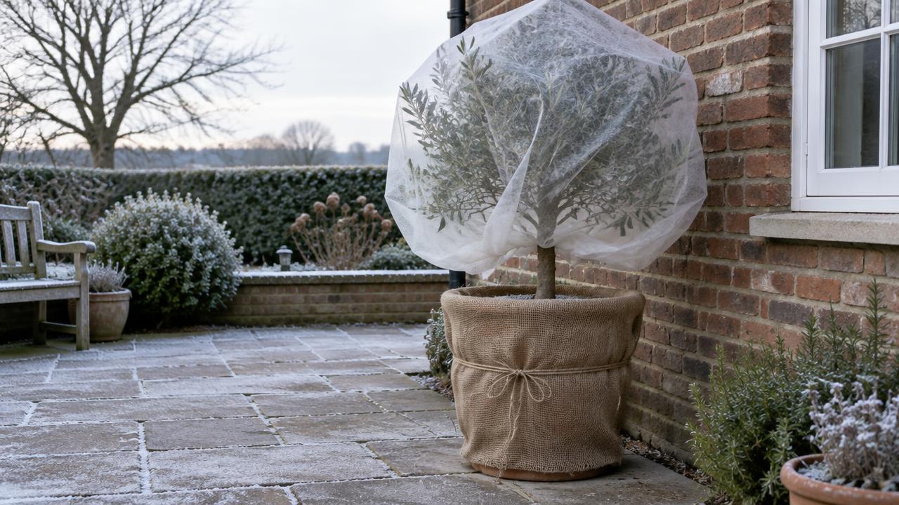 A potted olive protected with hessian and horticultural fleece during frost