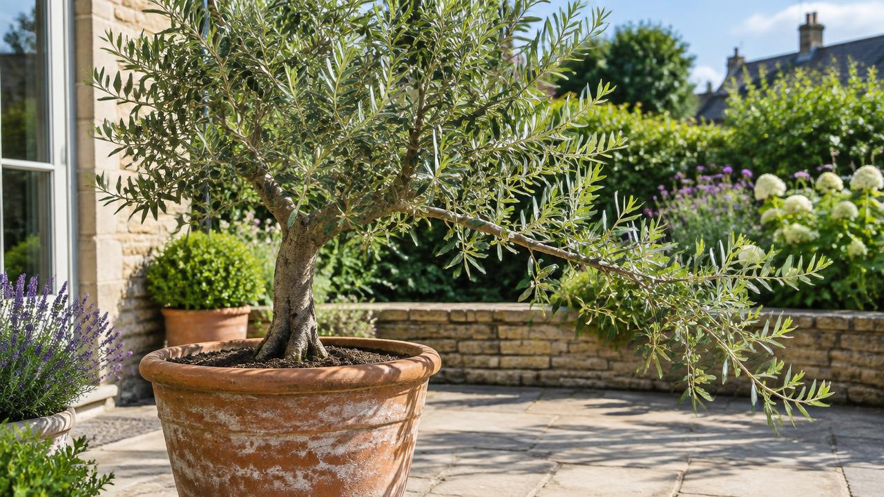 A young potted olive with a vigorous low branch left to grow beyond its canopy