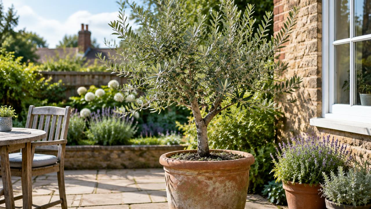 A young potted olive tree with a developing woody trunk and loose healthy canopy