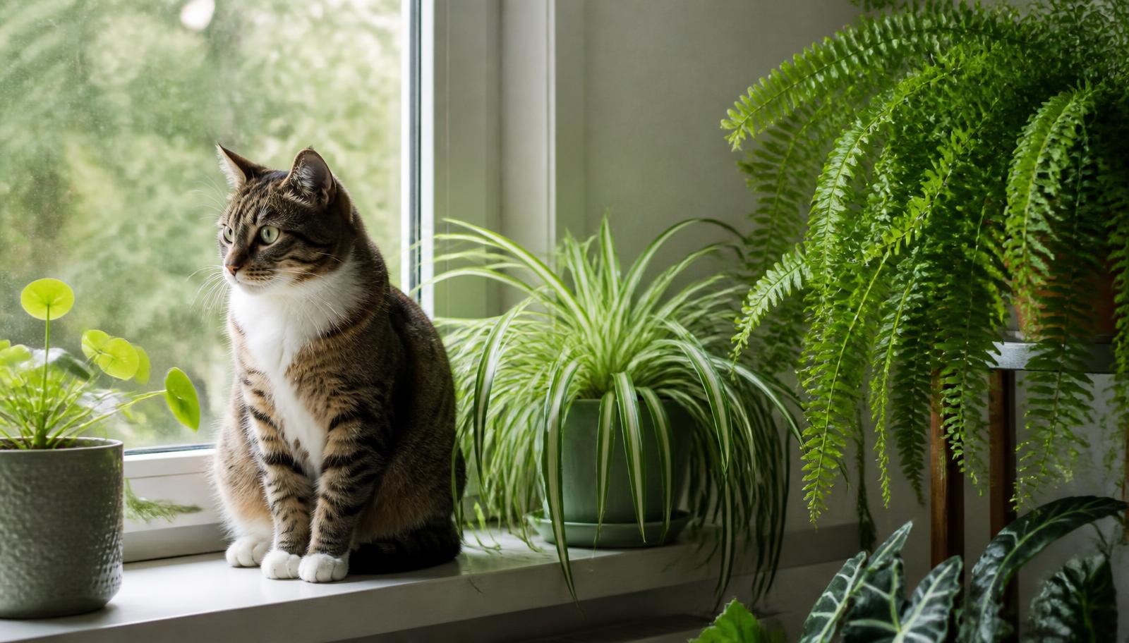 A tabby cat sitting calmly on a windowsill beside a spider plant and a Boston fern in soft natural daylight