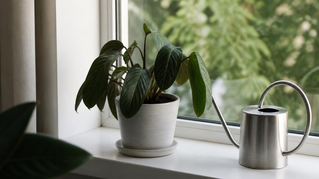 A recently repotted houseplant with slightly drooping leaves placed in stable indirect light on a windowsill, watering can nearby