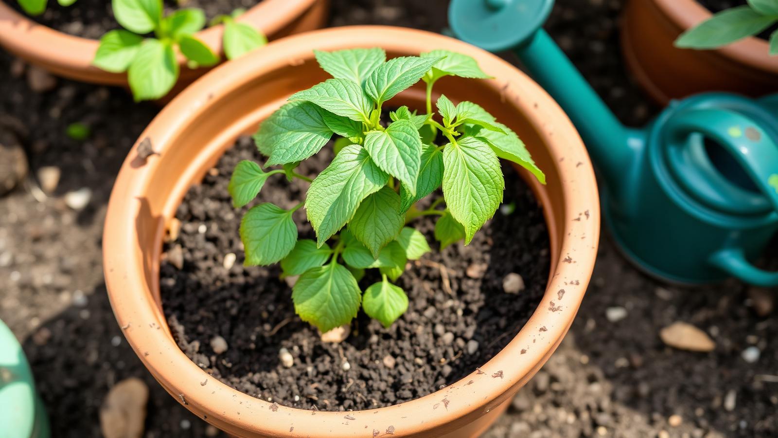 A recently repotted plant with slightly drooping leaves in fresh compost in a new terracotta pot, with a watering can nearby
