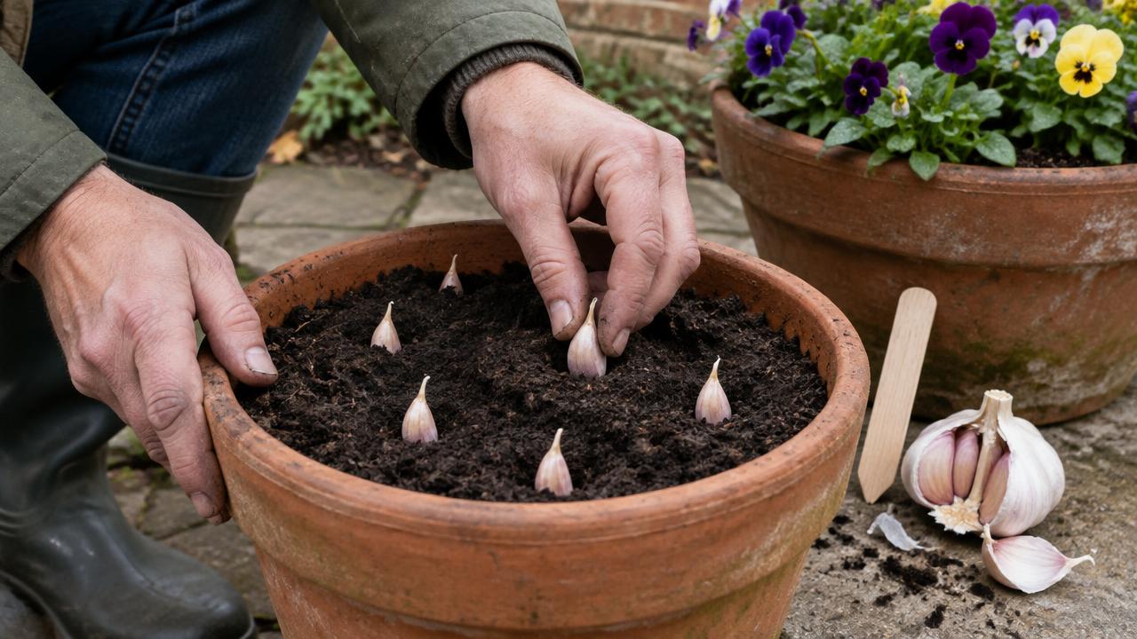 Hands planting seed garlic cloves in a deep terracotta pot on an autumn patio