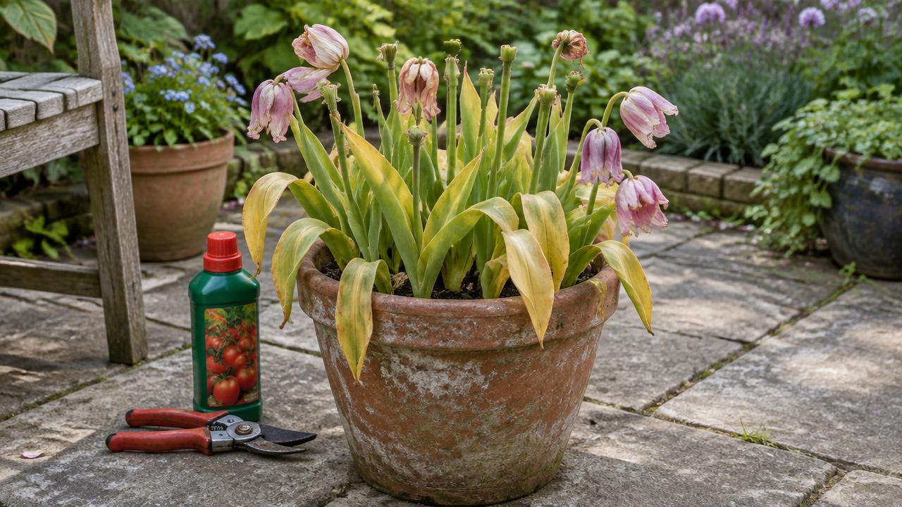 Faded tulips in a pot with leaves left to yellow and tomato feed beside it