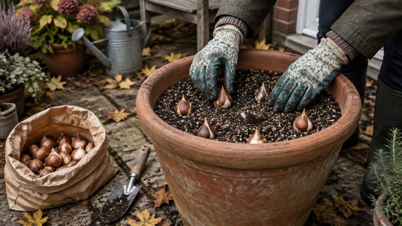 Tulip bulbs being planted into a large terracotta pot on a small British patio in late autumn