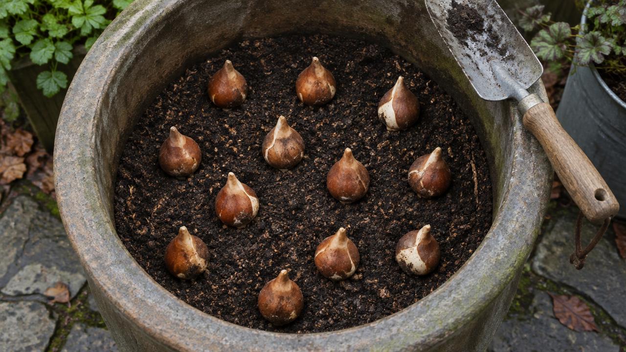 A dozen tulip bulbs set pointed end up in a large pot of compost