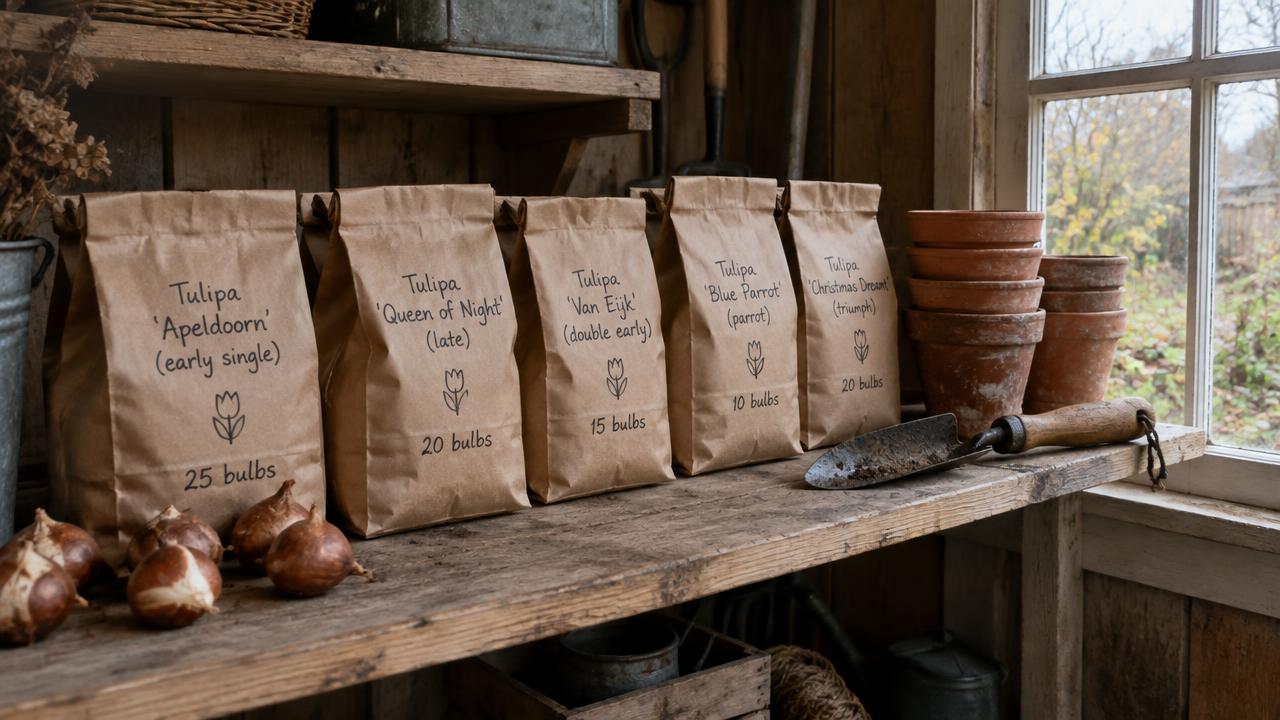 Paper bags of tulip bulbs stored on a shelf in a cool, dry shed