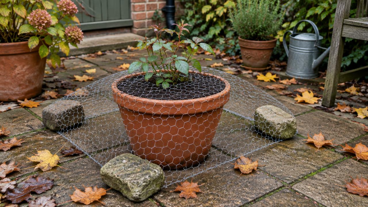 A planted terracotta pot covered with chicken wire to stop squirrels