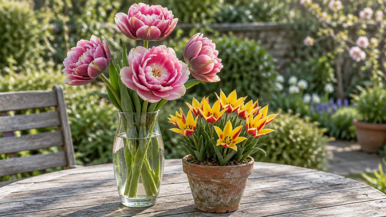 A tall double border tulip in a vase beside a small pot of species tulips